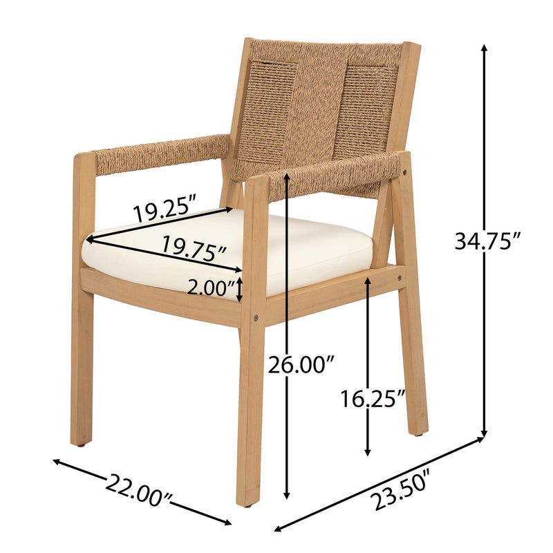 Outdoor Arm Dining Chairs, Frame With Hand Woven Wicker Back (Set of 2) - Cream / Light Teak / Natural