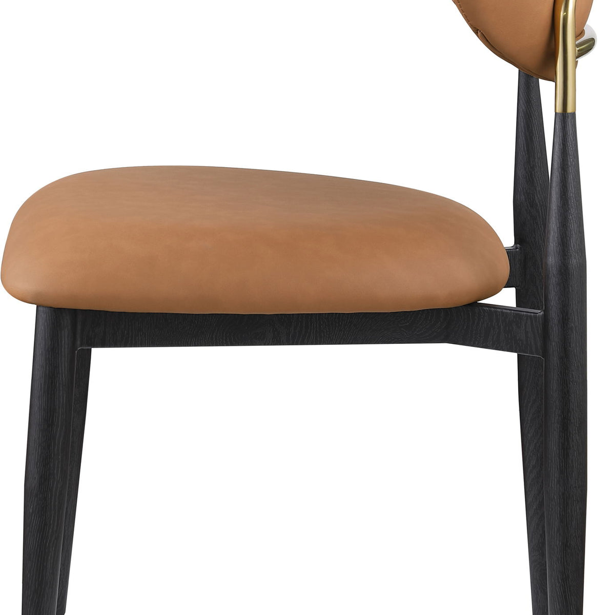 Upholstered dining side chair with light brown seat and rounded back, black legs