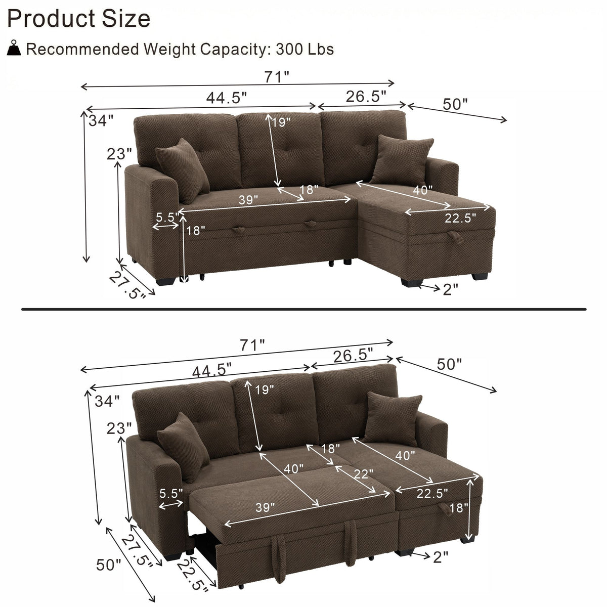 Brown sleeper sectional sofa shown as a chaise and an extended pull-out bed with measurements.