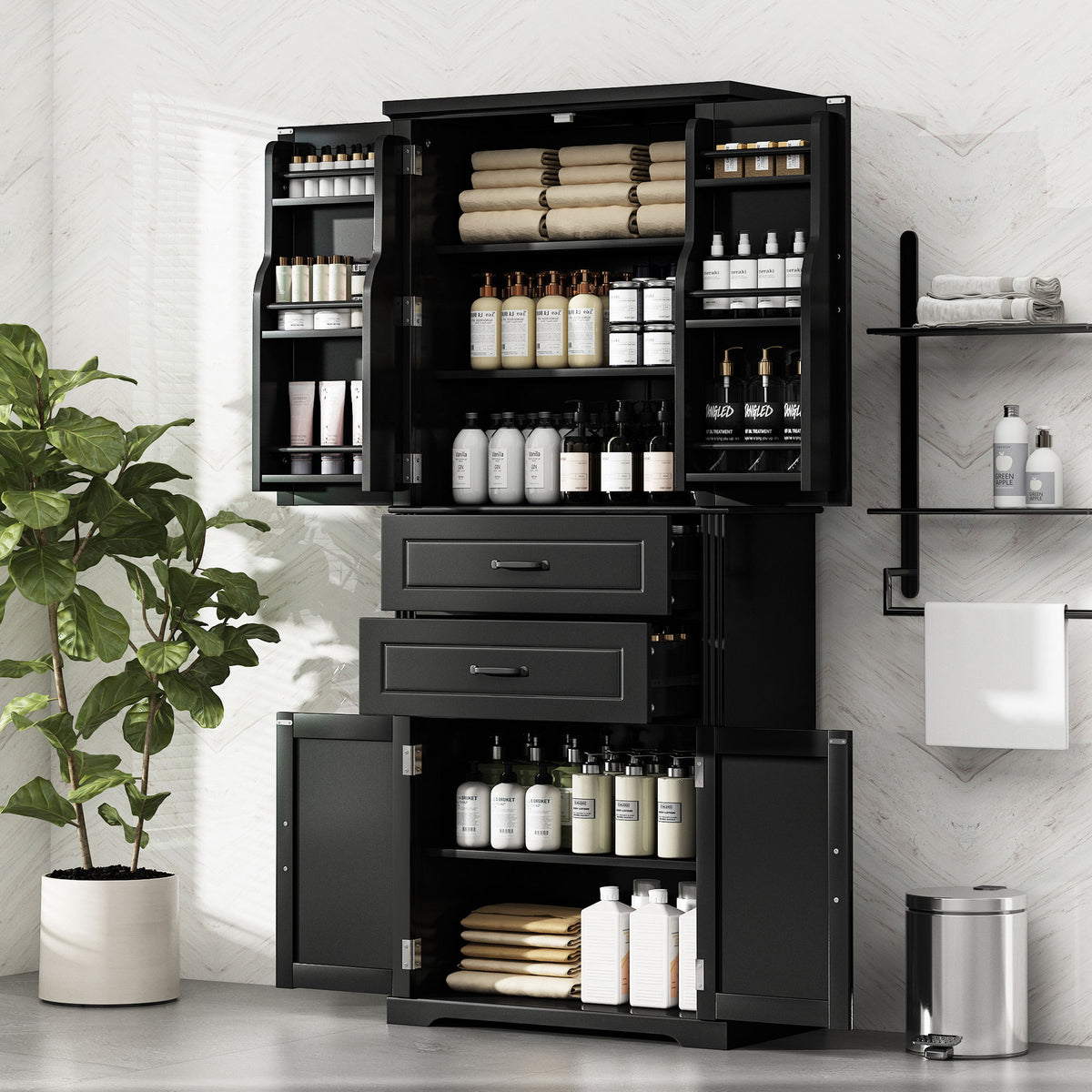 Black storage cabinet open to reveal shelves, two drawers, and two door sections