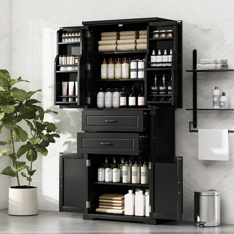 Black storage cabinet open to reveal shelves, two drawers, and two door sections