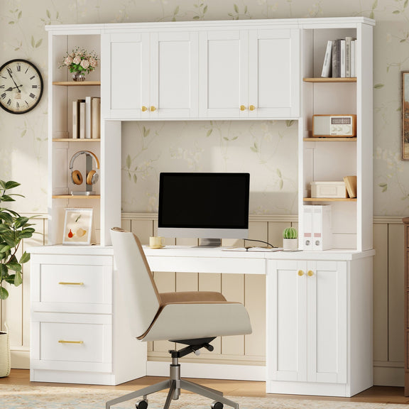 White computer desk workstation with hutch, side cabinets and shelves, and monitor on desk