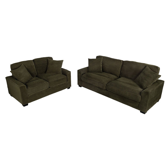 Forest green sofa and loveseat set with matching accent pillows and box cushions