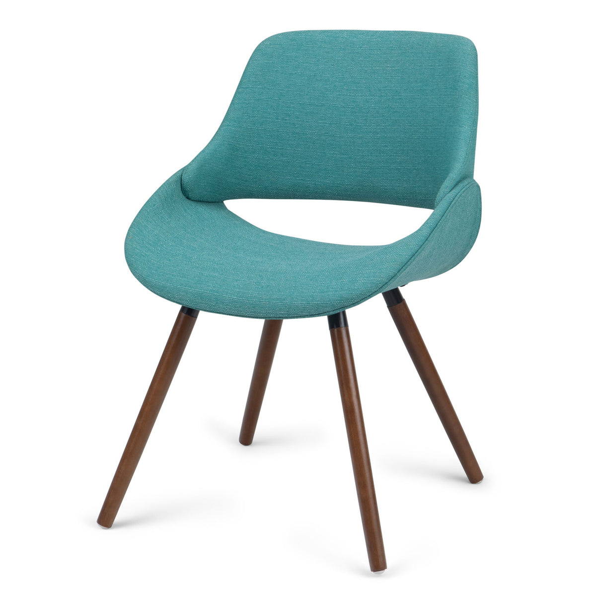 Upholstered bentwood dining chair in teal fabric with curved back, seat, and wooden legs