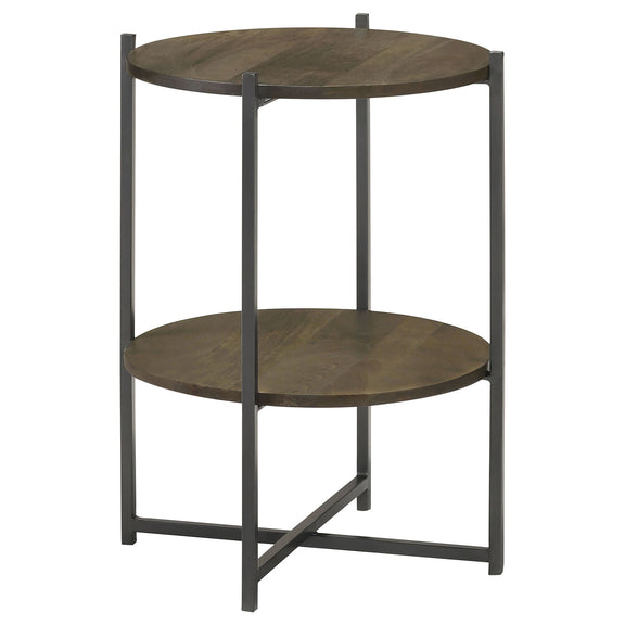 Brown round accent table with X-frame, upper and lower circular shelves