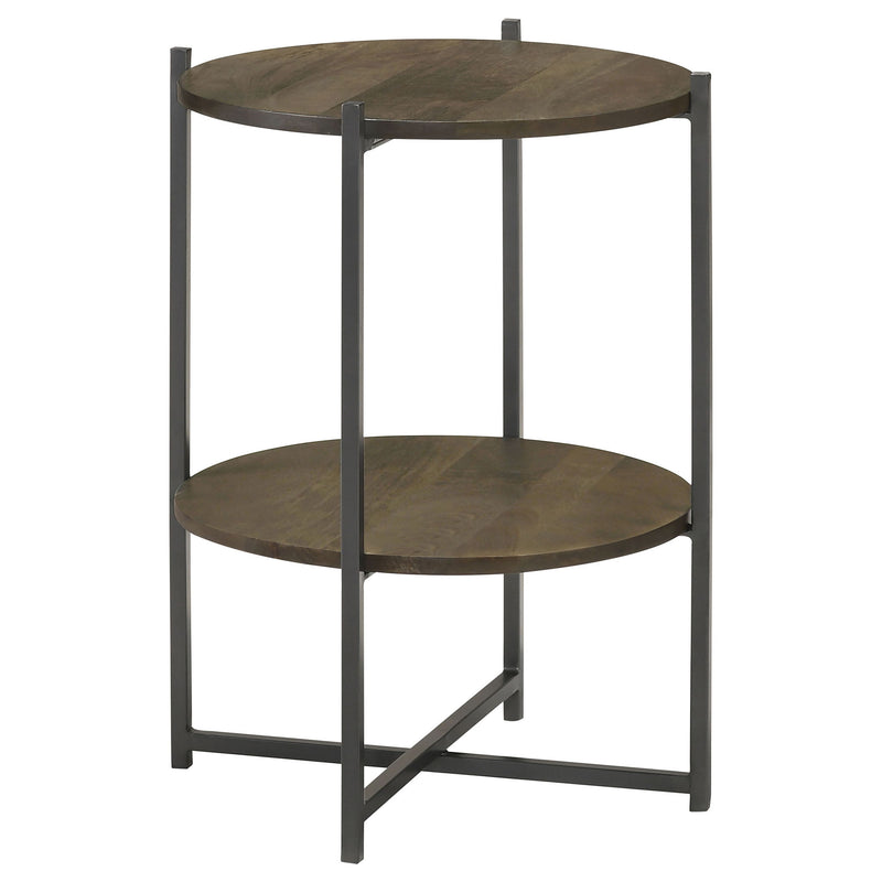 Brown round accent table with X-frame, upper and lower circular shelves