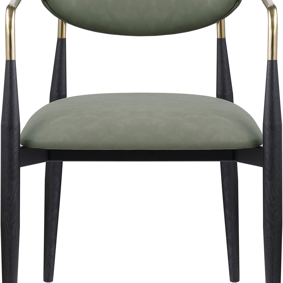 Green upholstered dining arm chair with rounded back, black legs, gold arm frame