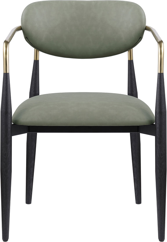 Green upholstered dining arm chair with rounded back, black legs, gold arm frame