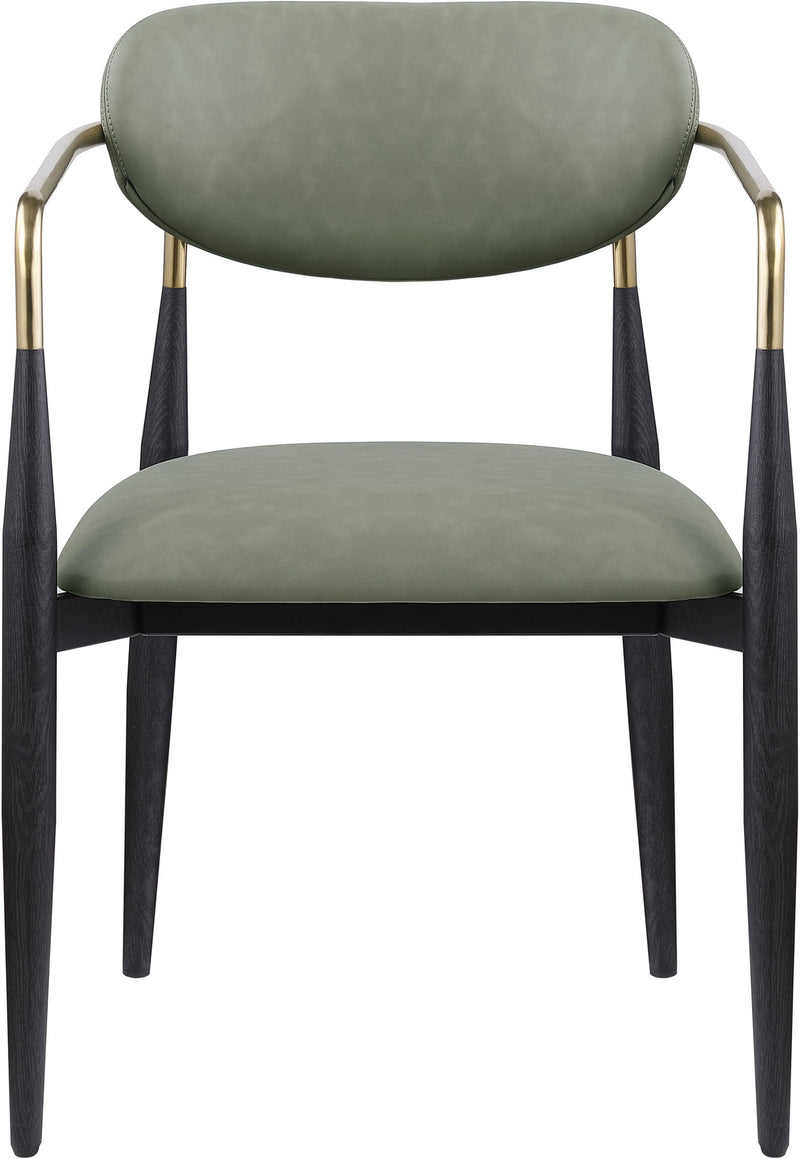 Green upholstered dining arm chair with rounded back, black legs, gold arm frame