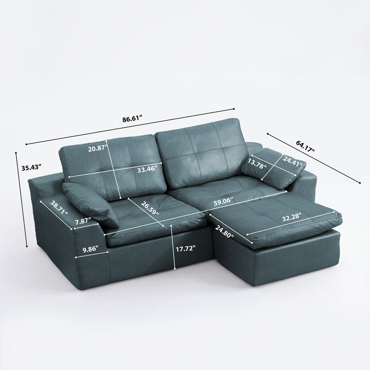 Teal L-shaped sofa with movable ottoman; button-tufted back and padded seat cushions