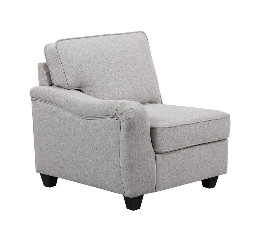 Gray upholstered modular sofa armchair section with curved armrests and tall back