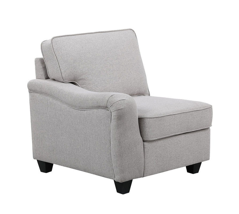 Gray upholstered modular sofa armchair section with curved armrests and tall back