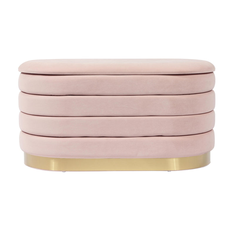 Pink velvet storage bench with padded lid and gold base