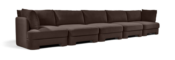 Hammond 5-piece velvet sectional sofa in dark brown with track arms and box seat cushions