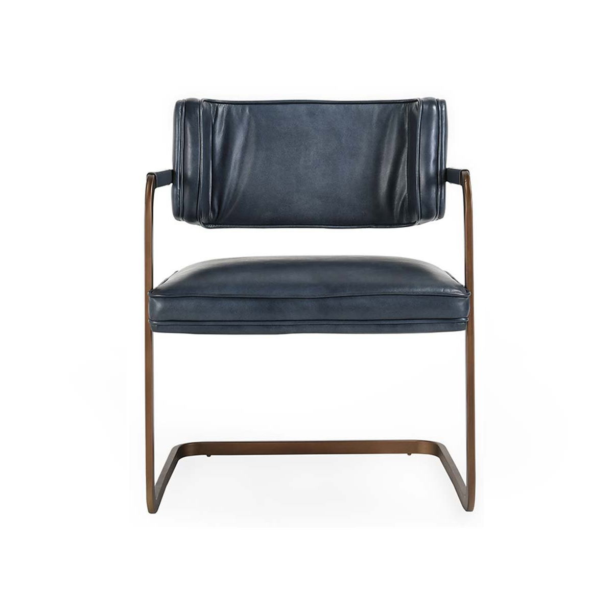 Blue dining chair with padded seat and back, and wood-tone metal cantilever frame