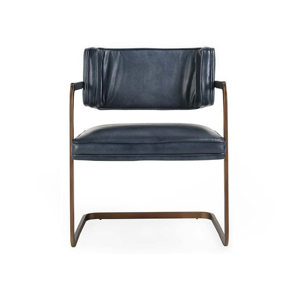 Blue dining chair with padded seat and back, and wood-tone metal cantilever frame