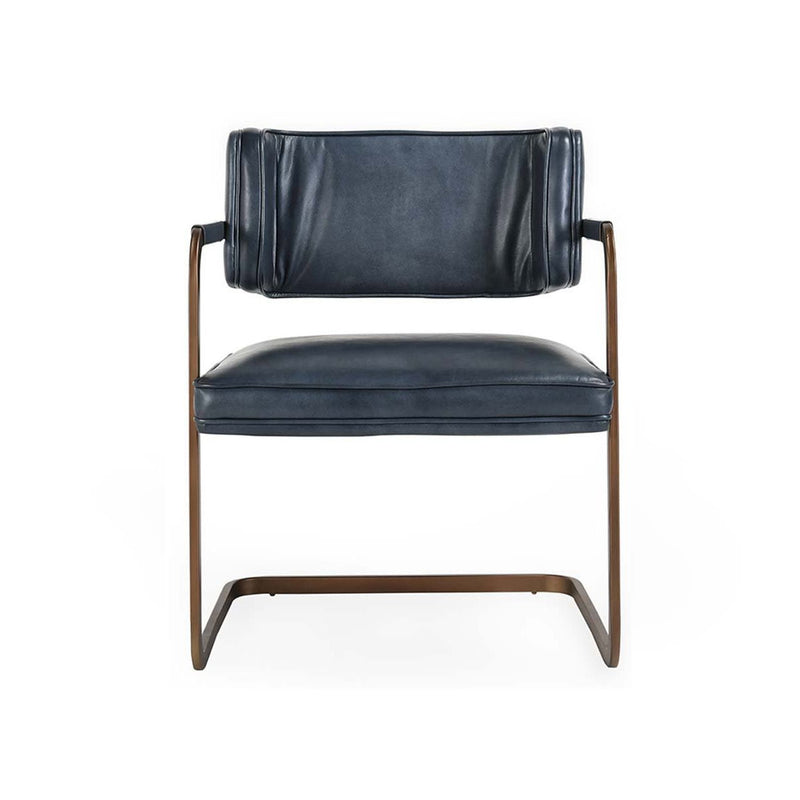 Blue dining chair with padded seat and back, and wood-tone metal cantilever frame