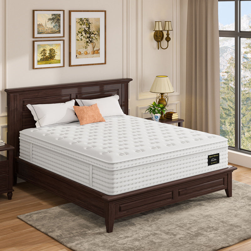 White hybrid memory foam mattress with quilted surface and sturdy edge stitching