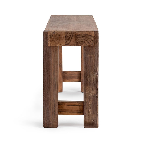Distressed wooden side table with open shelf frame and thick top