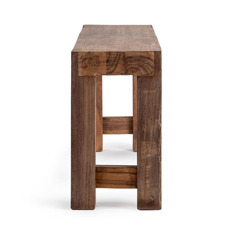 Distressed wooden side table with open shelf frame and thick top