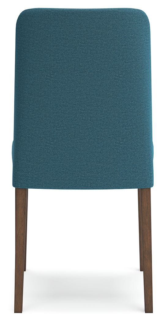 Dining upholstered side chair with blue upholstered back and seat and brown wooden legs.