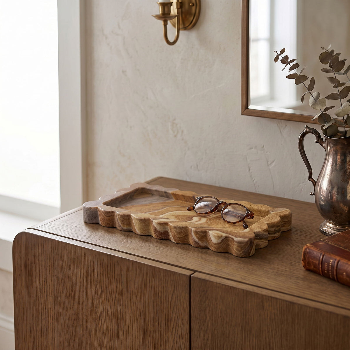 Light brown genuine marble tray with scalloped edges and rectangular center well.
