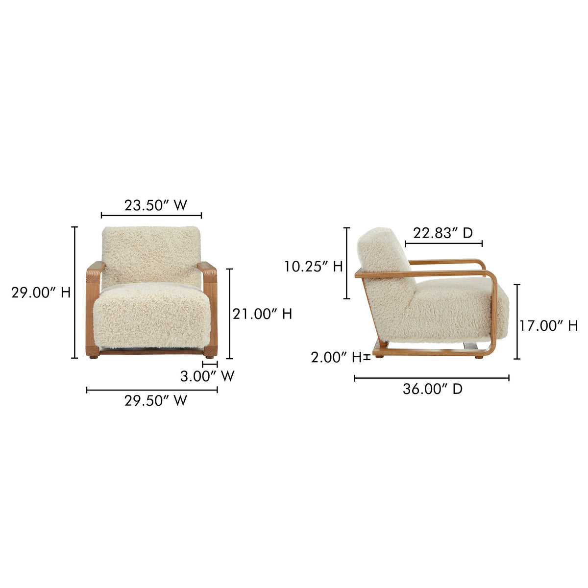 Cream boucle lounge chair with wooden frame; front view size diagram