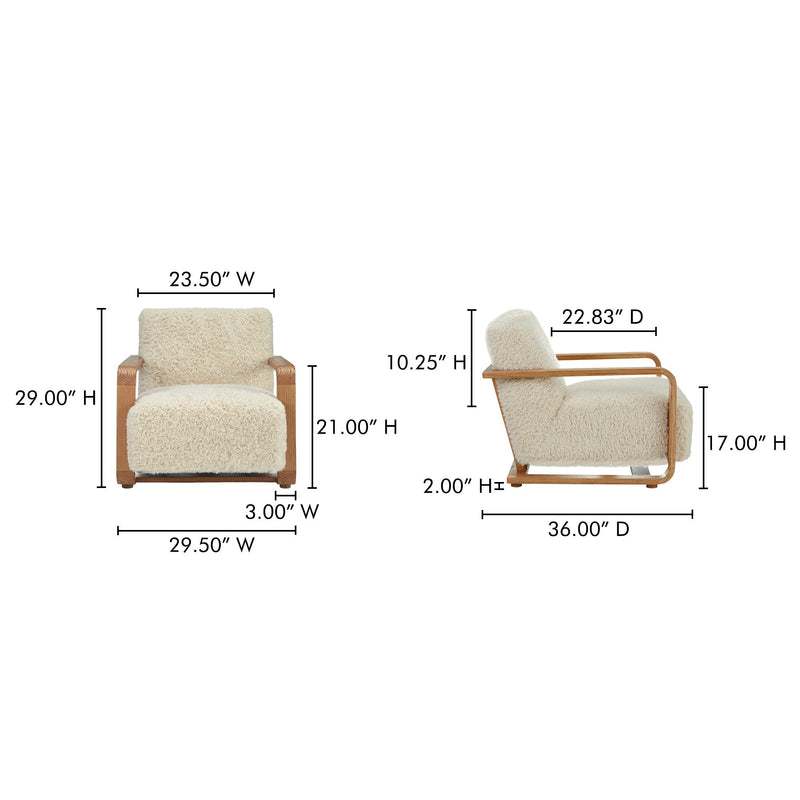 Cream boucle lounge chair with wooden frame; front view size diagram