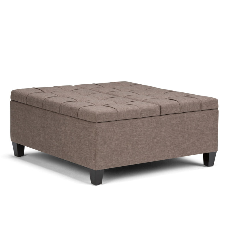 Upholstered storage ottoman coffee table with tufted top in light brown fabric