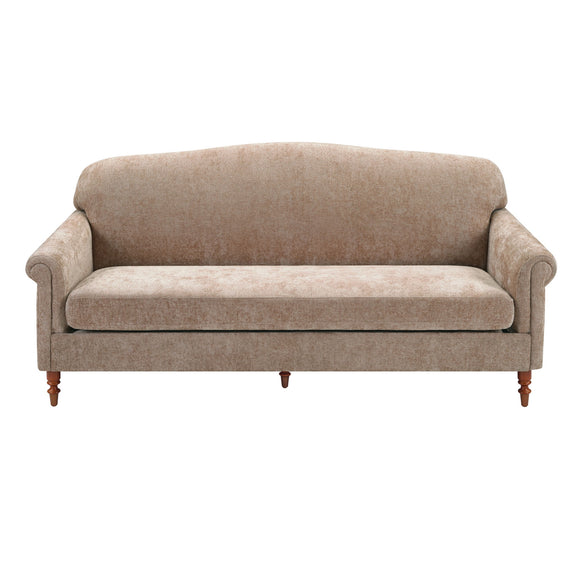 Beige 2-seat loveseat sofa with rolled arms and cushioned back