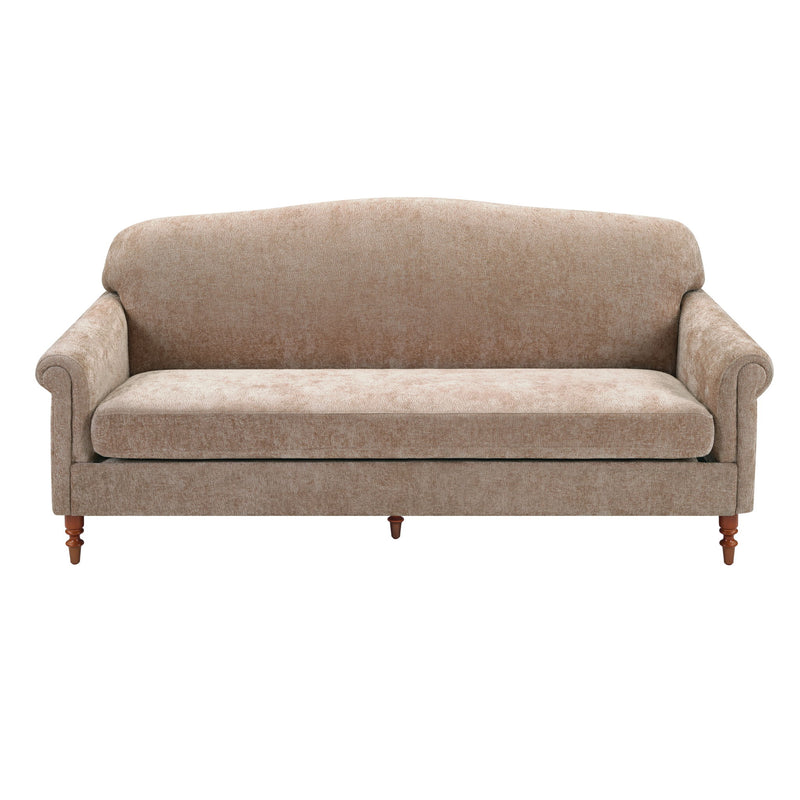 Beige 2-seat loveseat sofa with rolled arms and cushioned back