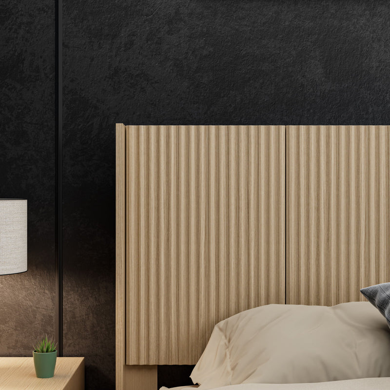 Light brown vertical-rib fluted panel headboard with wide rectangular shape