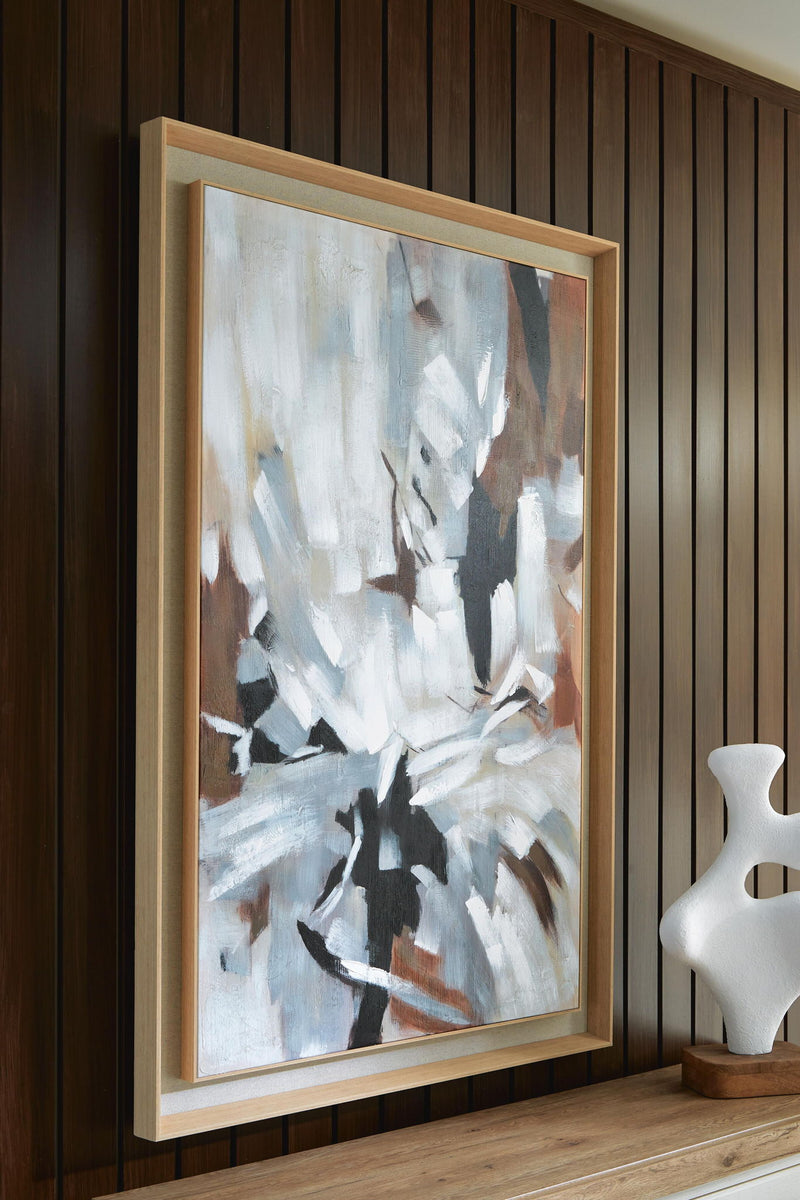 Framed abstract wall art featuring white, black, and tan textured strokes