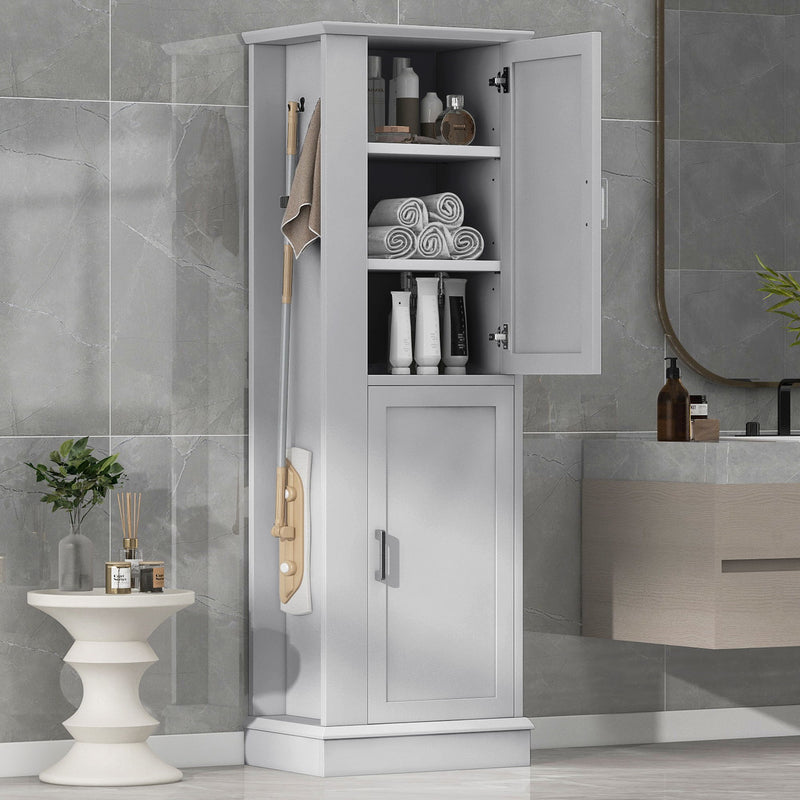 Tall Freestanding Bathroom Storage Cabinet With Adjustable Shelves And Side Hooks