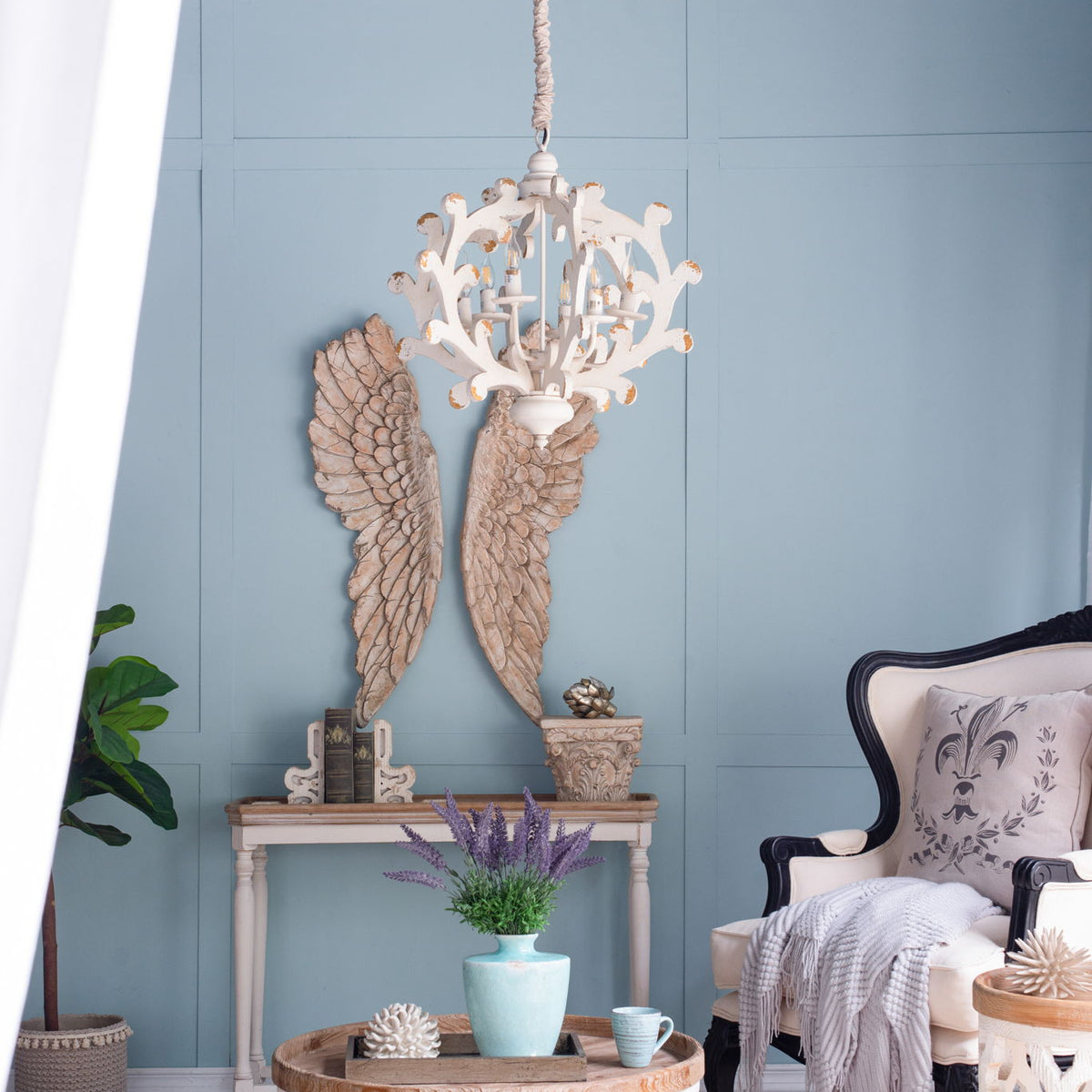 6 Light Chandelier, Hanging Light Fixture With Adjustable Chain For Kitchen, Bulb Not Included - White