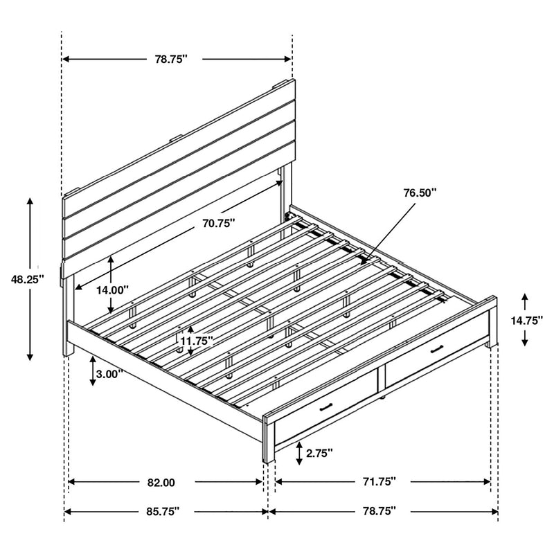 Platform bed diagram with horizontal headboard, slatted base, and storage drawers on sides