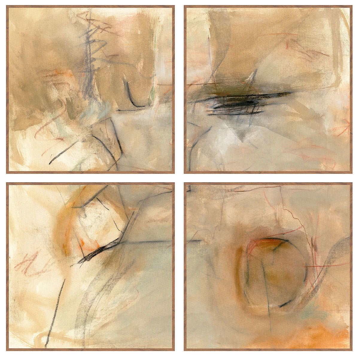 Four ochre abstract wall art panels in walnut frames, each with sketchlike lines and marks.