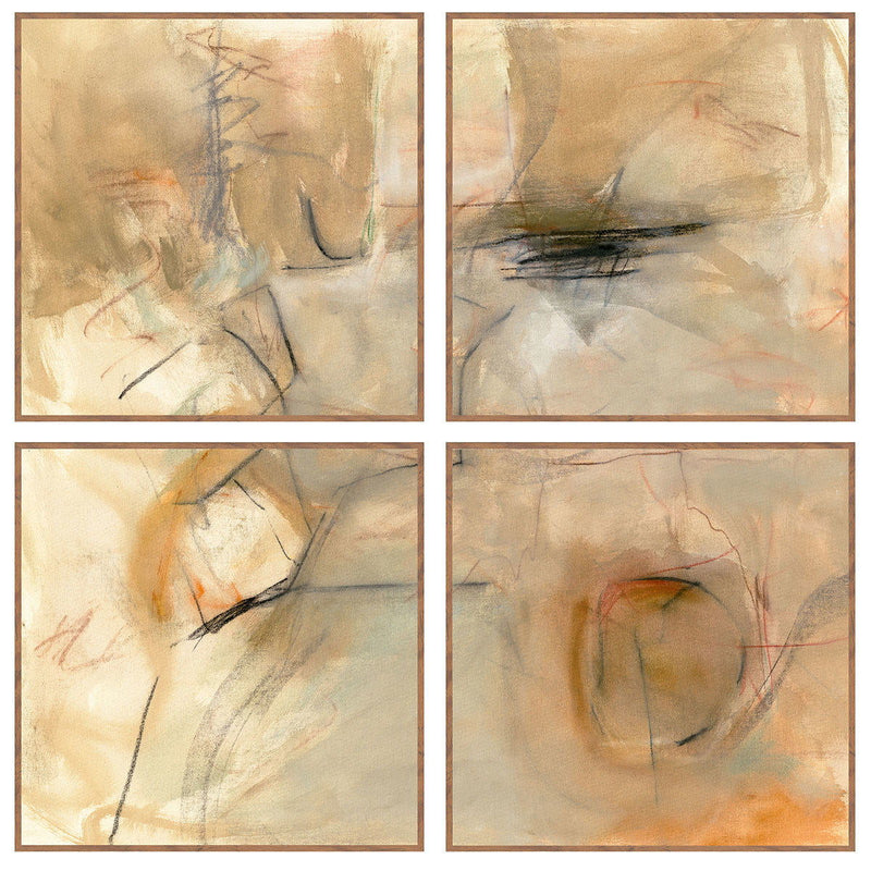Four ochre abstract wall art panels in walnut frames, each with sketchlike lines and marks.