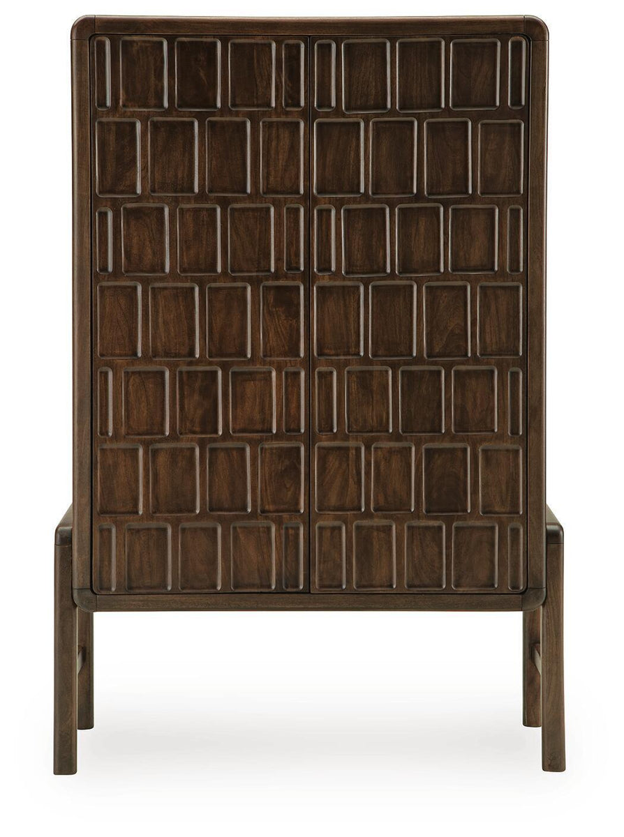 Brown accent cabinet front view with grid of raised square panels