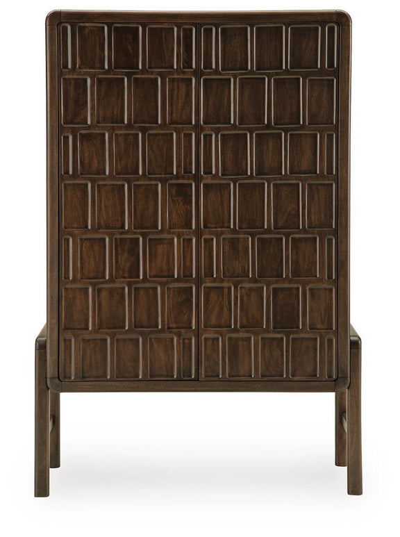 Brown accent cabinet front view with grid of raised square panels