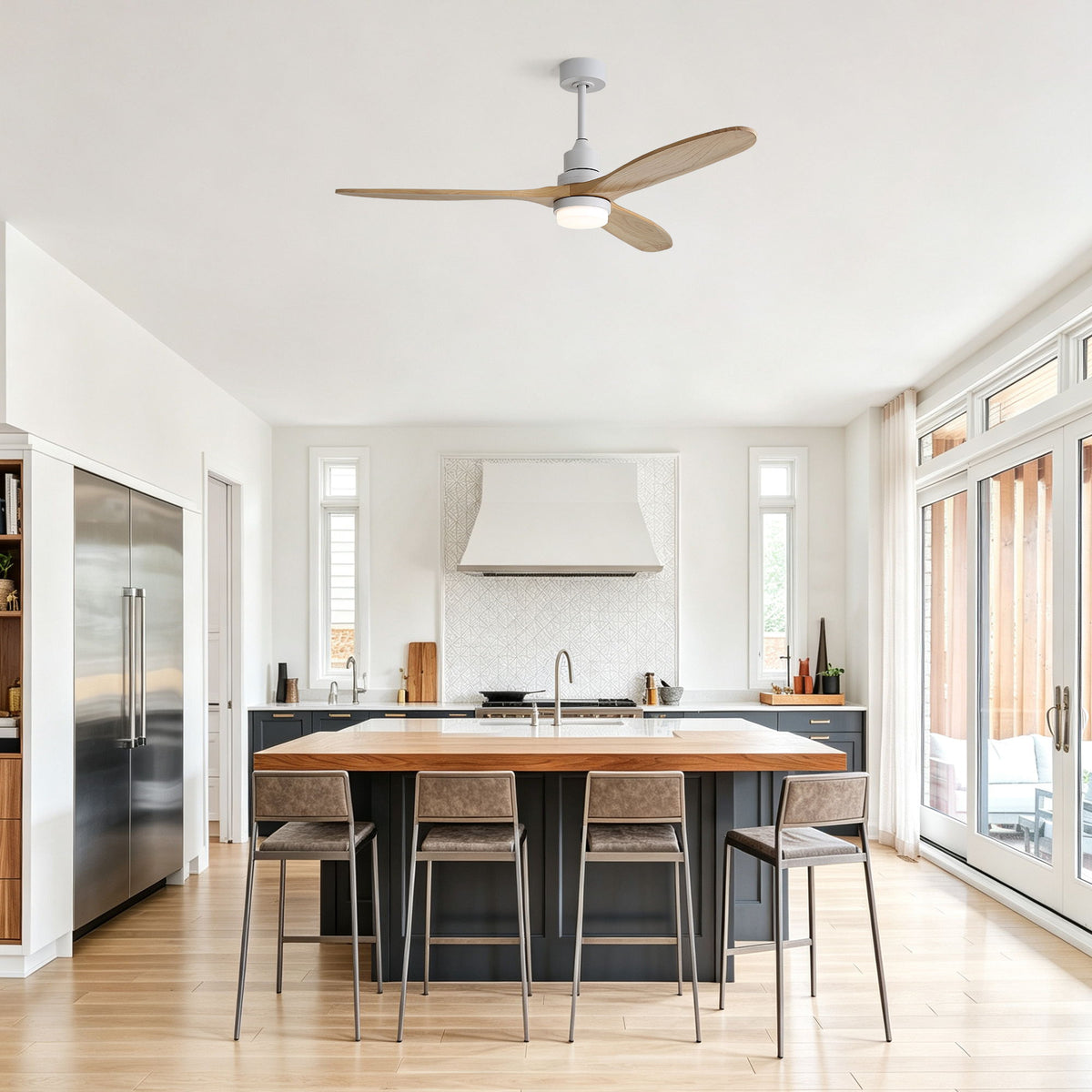 Ceiling fan with light in kitchen, white body with 3 wood-style blades