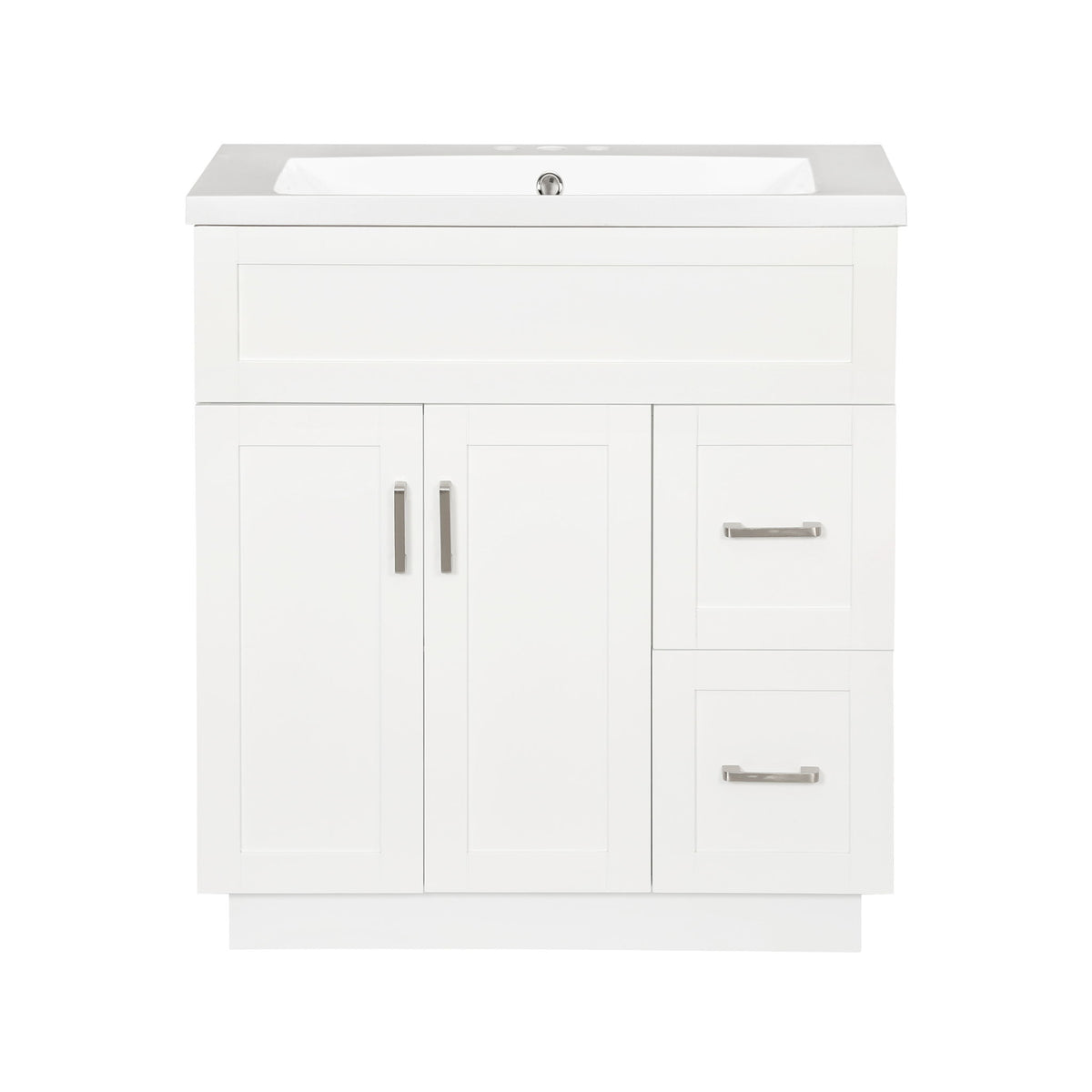 White bathroom vanity cabinet with sink, two doors, two drawers, and bar handle hardware