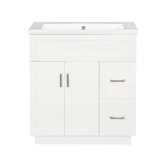 White bathroom vanity cabinet with sink, two doors, two drawers, and bar handle hardware