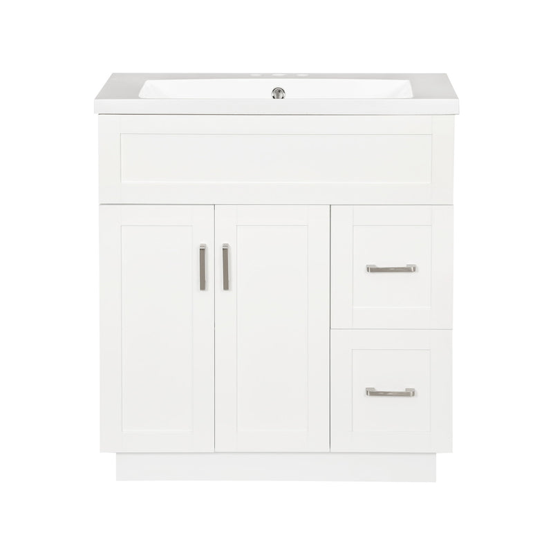 White bathroom vanity cabinet with sink, two doors, two drawers, and bar handle hardware