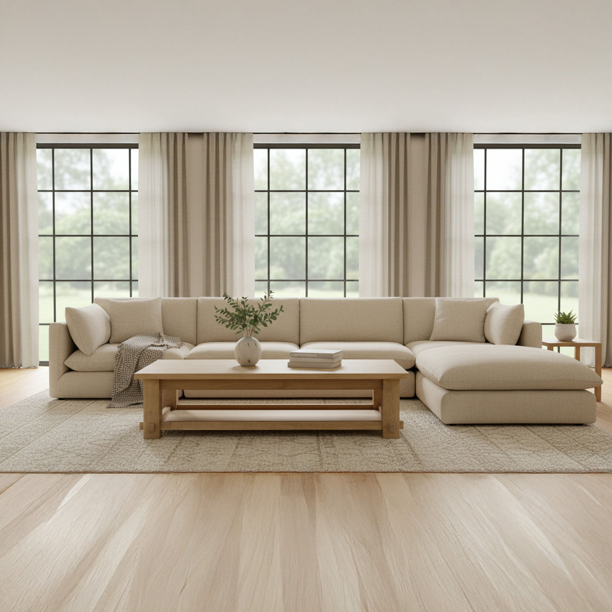 Natural wood coffee table with open shelf and wide top in a living room
