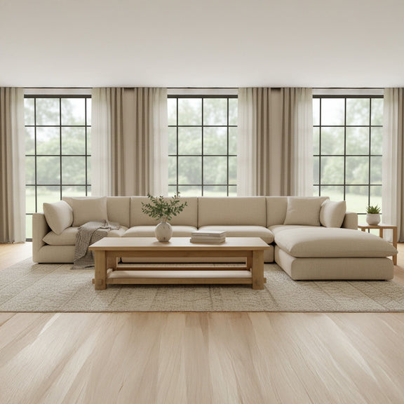 Natural wood coffee table with open shelf and wide top in a living room