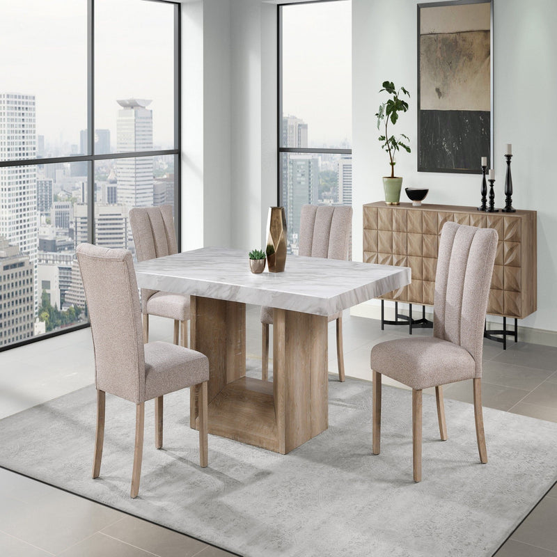 Square dining table with gray marble-look top, light wood base, and beige chairs.
