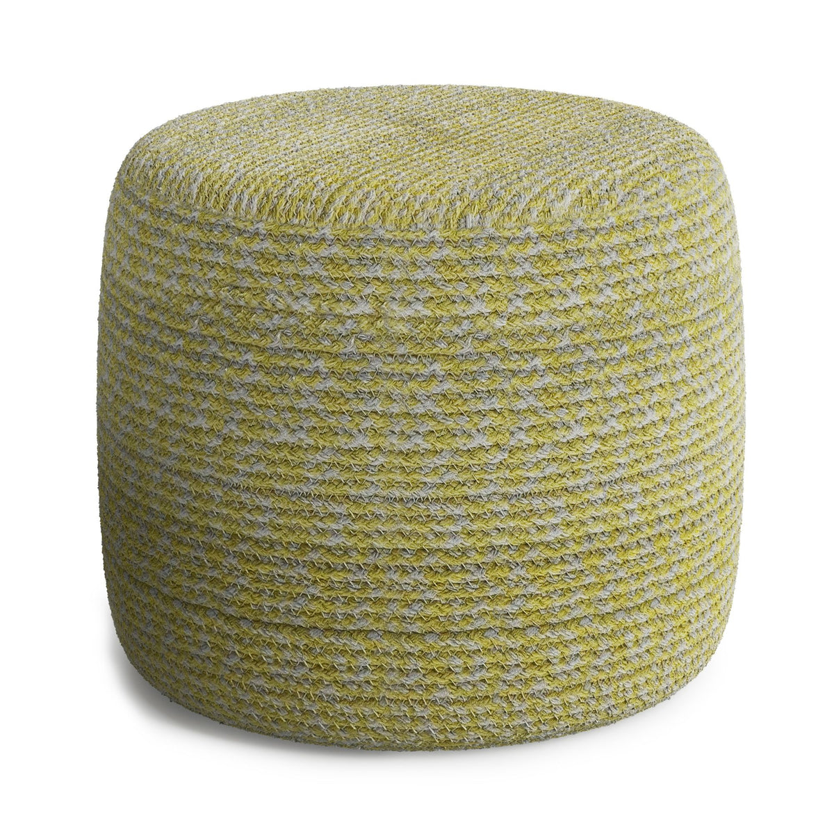 Lime and olive braided round pouf with textured woven surface