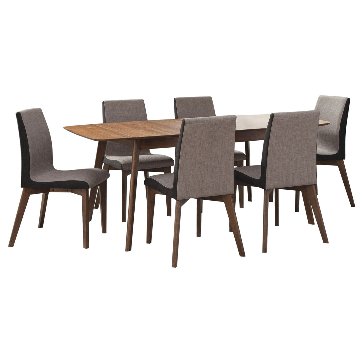 Light brown dining table with six gray upholstered chairs in matching layout