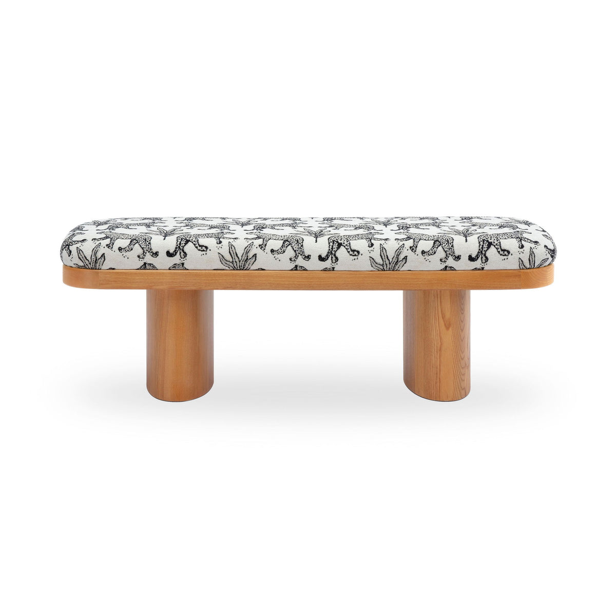 Leopard jacquard bench with rounded top in white, black animal pattern, light wood legs